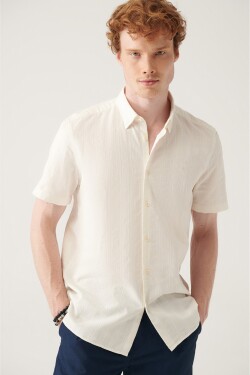 Avva Men's Ecru Cuban Collar High Striped Short Sleeve Shirt