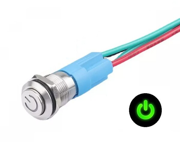 LED vodotěsný přepínač s vystouplým hmatníkem 12 mm - Zelený, 12 - 24V