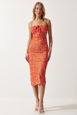 Happiness İstanbul Women's Vivid Orange Floral Slit Summer Knitted Dress