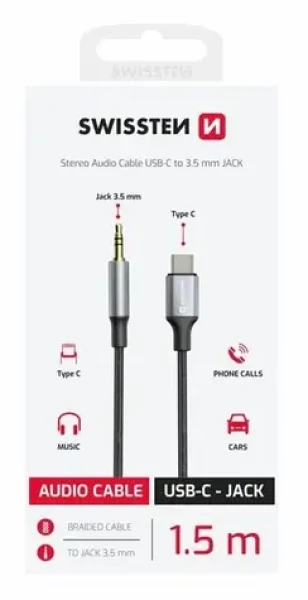 SWISSTEN TEXTILE Audio adaptér USB-C (M) - 3.5mm Jack 1.5m černá (73502309)