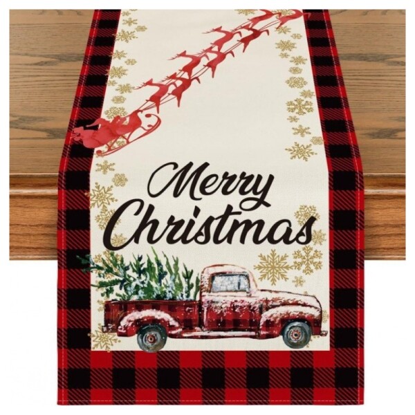 DumDekorace Vánoční lněný běhoun s potiskem - 180 x 33 cm auto