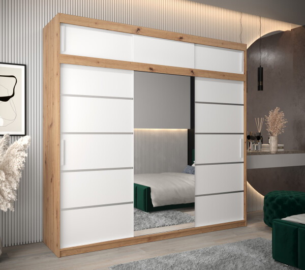Šatní skříň Abi V2 s nástavcem Barva korpusu: Dub artisan, Rozměry: 250 cm, Dveře: Bílá