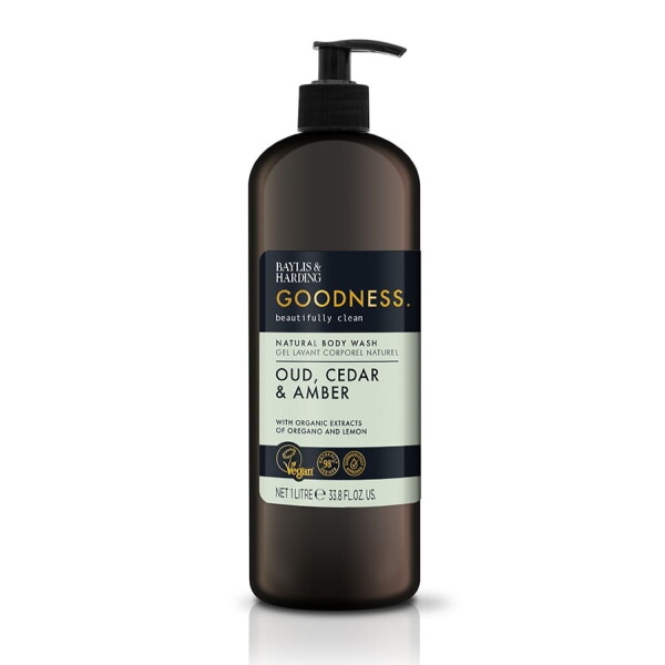 Baylis & Harding Přírodní sprchový gel Goodness Oud/Cedar/Amber 1 l, hnědá barva, plast