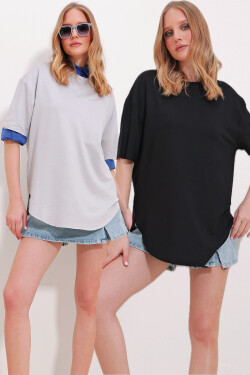 Trend Alaçatı Stili Women's Black Gray Crew Neck 2-Pack Oval Cut Modal T-Shirt
