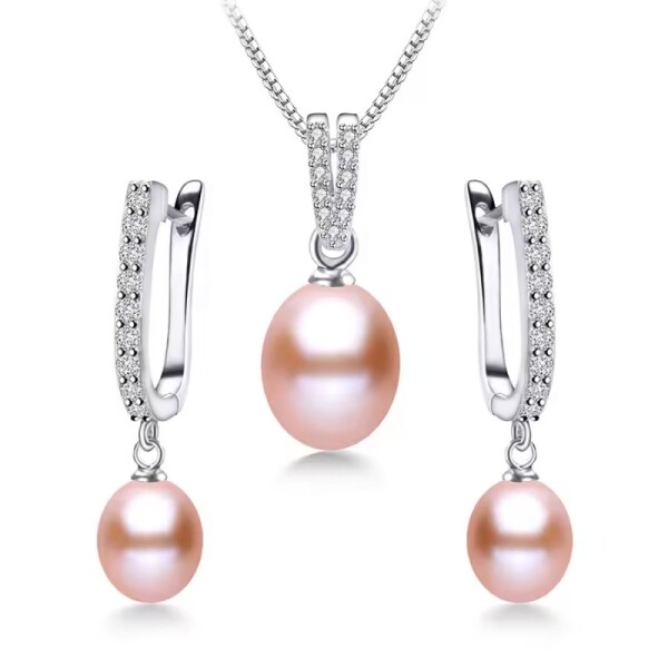 Stříbrná souprava šperků s růžovou perlou a zirkony - stříbro 925/1000, Stříbrná 46 cm Růžová