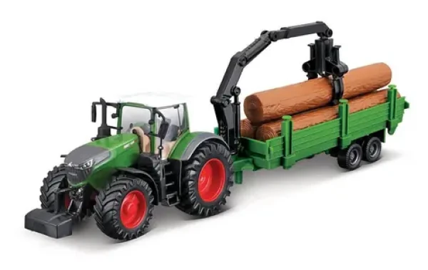 Bburago FARMLAND Traktor Fendt 1050 Vario s nakladačem a přívěsem na dřevo