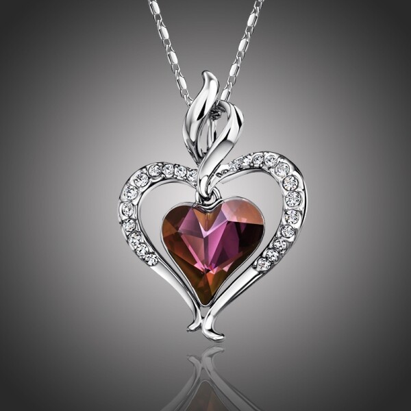 Náhrdelník Swarovski Elements True Love - srdíčko, Fialová 42 cm + 5 cm (prodloužení)