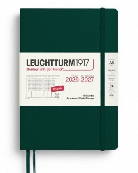 Akademický týdenní plánovač Forest Green, Medium A5 2027, 18měs., anglicky