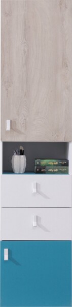 FRONTI Regál PLANET PL4 Bílá lux + dub + námořní modrá
