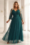 654-1 Dlouhé lesklé plus size šaty s výstřihem a průhlednými rukávy - lahvově zelené UNI