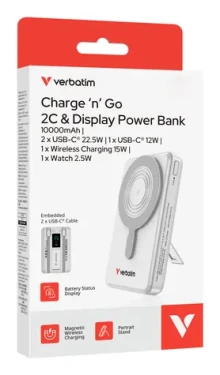 Verbatim Charge 'n' Go 2C stříbrná / Powerbanka / 10000 mAh / Displej / USB-C / Bezdrátové nabíjení 15W (32273)
