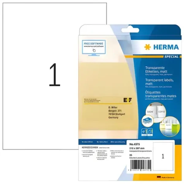 Herma etikety transparentní matné A4 210x297 mm / Etikety / fólie / laser / 25 ks (4375)