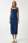 Happiness İstanbul Women's Blue Zippered Strappy Midi Denim Dress