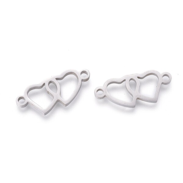 Mezidíl z nerezové oceli - dvojité srdce - platinový - 8 x 20 x 1 mm - 1 ks