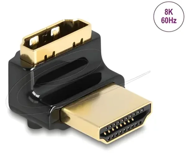 Delock HDMI-A samec HDMI-A samice / Redukce / 90° pravoúhlý nahoru / 8K 60 Hz / kovová (60017)