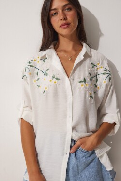 Happiness İstanbul Women's White Pearl Embroidered Oversize Ayrobin Shirt
