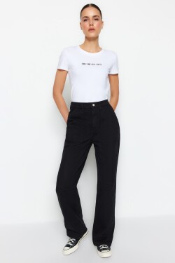 Trendyol černá kapsa detailní džíny vysokým pasem širokými nohavicemi