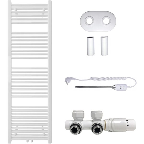 CERANO Koupelnový radiátorový set Lincoln - kombinované výtápění, termo tyč - středové připojení 50 mm - 300W - bílá lesklá - 1600x500 mm