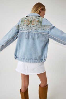 Happiness İstanbul Women's Light Blue Chain And Embroidery Detail Denim Jacket