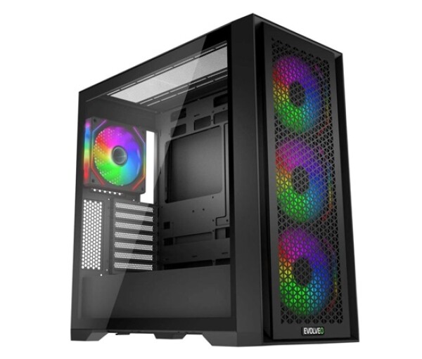 EVOLVEO Rhino, skříň eATX/ATX, 4x ARGB ventilátor 120mm, boční panel temperované sklo + mřížkovaný přední panel EDF_547241