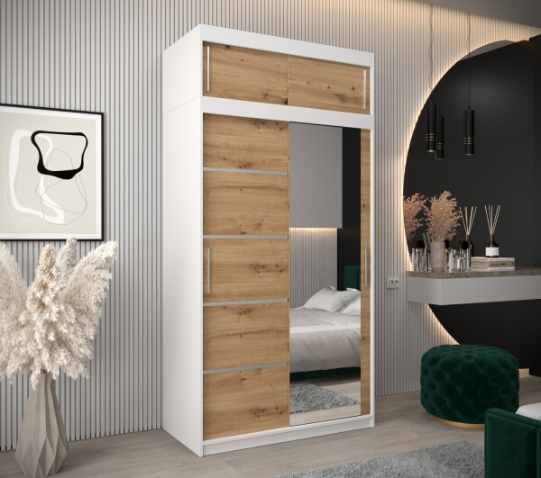 Šatní skříň Abi V2 s nástavcem Barva korpusu: Bílá, Rozměry: 120 cm, Dveře: Dub artisan
