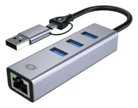 Conceptronic multiportový adaptér USB-C a USB-A šedá / USB-LAN adaptér / Gigabit Ethernet / 3x USB-A 3.0 / 5 Gbit/s (ABBY25G)