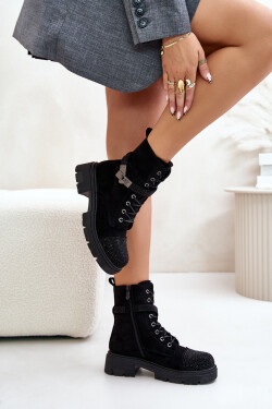 Zateplené kotníkové boty s ozdobou Černé S.Barski HY42-281 37