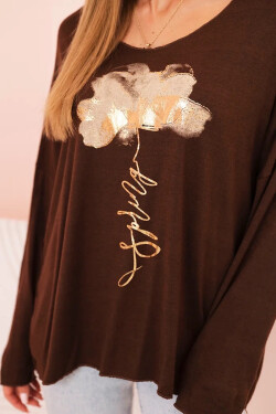 Dámská blůza z viskózy s dlouhým rukávem a zlatým květinovým potiskem hnědá UNI