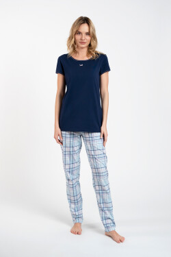 Glamour dámské pyžamo, krátký rukáv, dlouhé kalhoty tmavě modrá/potisk