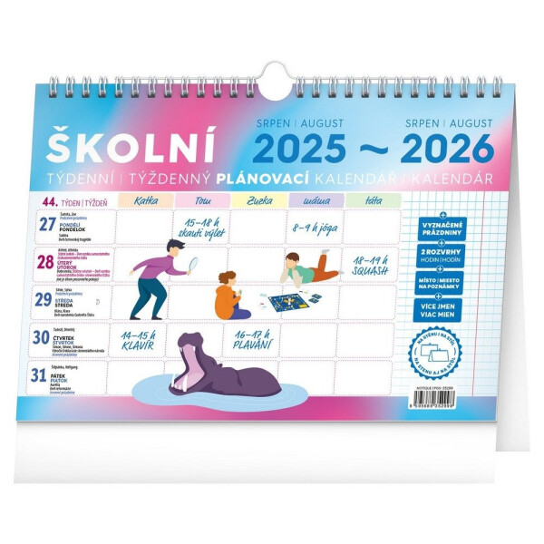 Školní plánovací kalendář s háčkem 2026, 30 × 21 cm