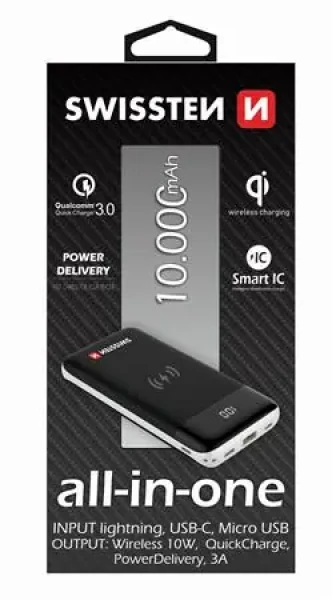 SWISSTEN ALL-IN-ONE 10000 mAh černá / Power Bank / bezdrátové nabíjení 10W / 5V / 1.5A / USB-C vstup (22013927)