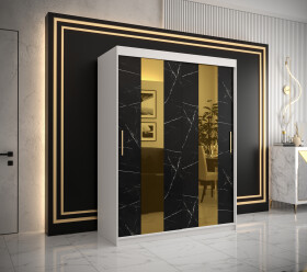 Šatní skříň Abi Golden Pole Barva korpusu: Bílá, Rozměry: 150 cm, Dveře: Černý mramor se zlatým zrcadlem