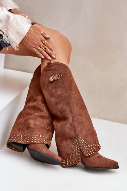 Kozačky s ohrnutým svrškem na podpatku hnědé Iveliri 38