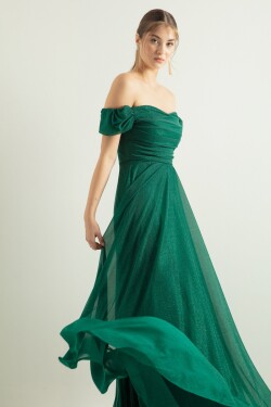 Lafaba Dámské smaragdově zelené lodičkové šaty dlouhým stříbřitým výstřihem