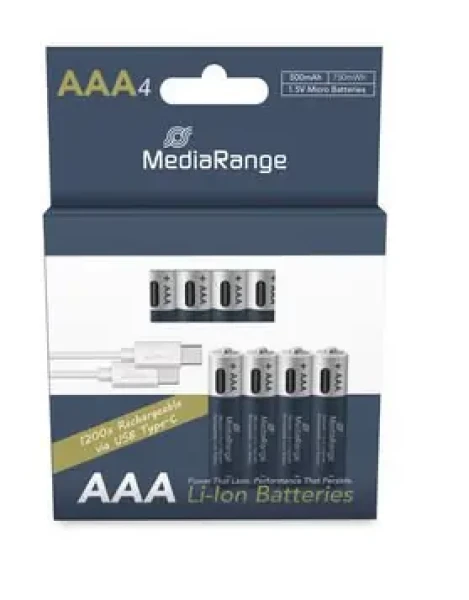 MediaRange nabíjecí USB-C Li-Ion baterie Micro AAA / 500mAh / 1.5V / 4ks (MRBAT160)