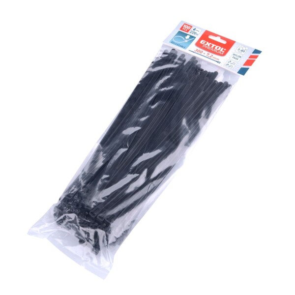 EXTOL PREMIUM 8856258 Pásek stahovací rozepínací, 300 x 7,2mm, černý, nylon PA66, balení 100ks