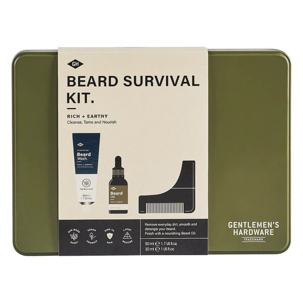 GENTLEMEN'S HARDWARE Pánská sada s péčí o vousy Beard Survival Kit, zelená barva, dřevo, kov, plast
