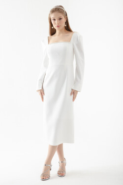 Lafaba Women's White Square Neck Pearl Midi Evening Dress