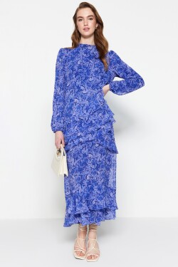 Trendyol modrá květinová sukně volánková podšívka tkané šifonové šaty