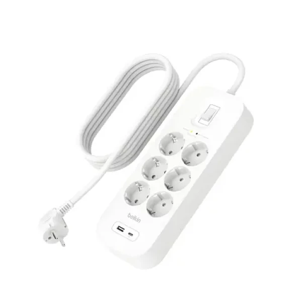 Belkin SRB002vf2MV2 / Prodlužovací kabel s přepěťovou ochranou / 6x zásuvka / USB-A+C / 18W / 650J / 2m (SRB002VF2M-V2)