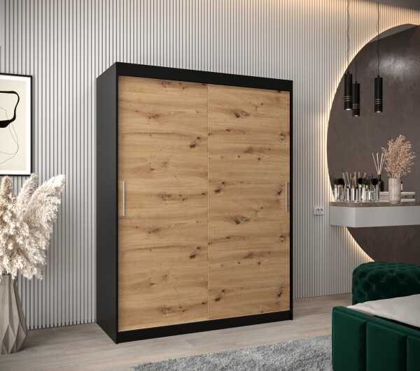 Šatní skříň Abi T0 s posuvnými dveřmi Barva korpusu: Černá, Rozměry: 150 cm, Dveře: Dub artisan