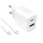 Puro PRO LITE bílá / Síťová nabíječka / USB-A + USB-C / PD 30W / kabel USB-C-USB-C 1,2m