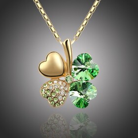 Náhrdelník Swarovski Elements Čtyřlístek pro štěstí - zlato zelený, Zelená 40 cm + 5 cm (prodloužení)
