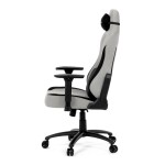 Herní křeslo, stříbrná látka, houpací mechanismus, polohování opěradla 90°-180°, 3D područky, polštáře z paměťové pěny,