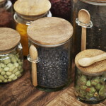 MADAM STOLTZ Skleněná dóza se lžičkou Mango Wood 14 cm, čirá barva, přírodní barva, sklo, dřevo