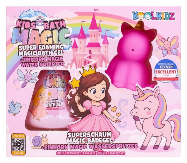 Sada na koupání KOOLKIDZ stříkačka jednorožec a pěnivý gel Jahoda 60ml