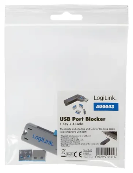 LogiLink AU0043 modrá / Blokovač USB portů / 4x zámek + klíč / USB Typ-A (AU0043)
