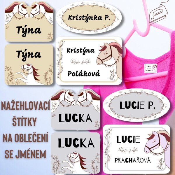 Nažehlovačky KONĚ sada štítků se jménem na oblečení 60x, různé barvy