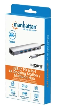 Manhattan USB-C dokovací stanice 6v1 stříbrná / Dokovací stanice / 1x HDMI 4K/60Hz / Gigabit LAN / PD 100W (153959)