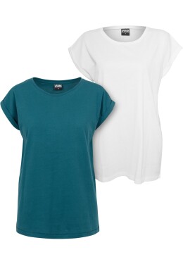 Dámské tričko s prodlouženým ramenem 2-balení modrozelené+bílé